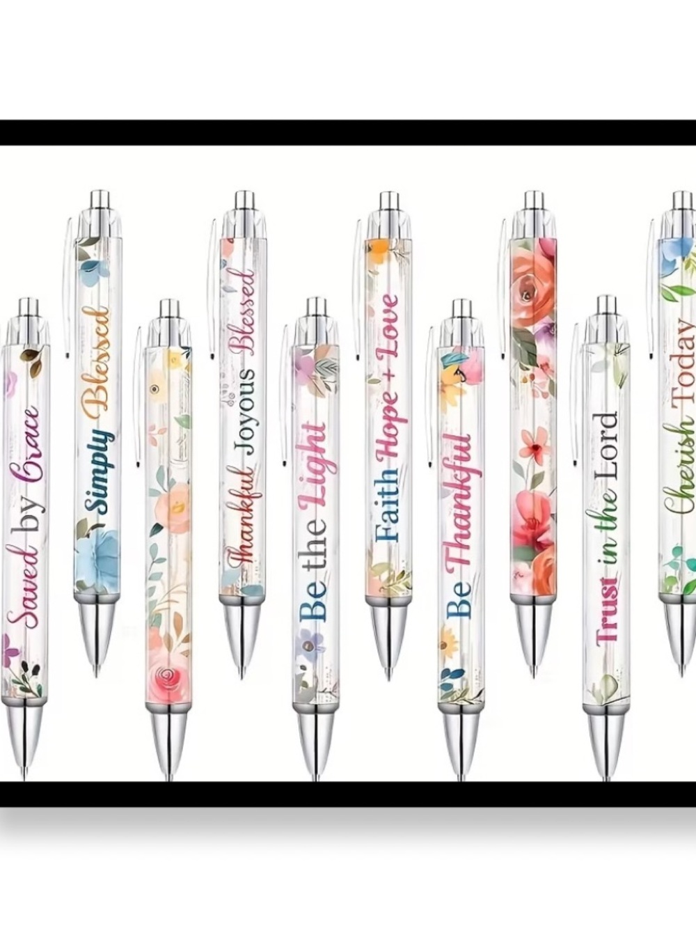🆕 10 pk Floral Inspirational Ballpoint Pens - Assorted Pastel Colors